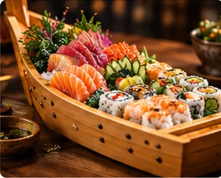 Barca de madeira com uma seleção ilustrativa de sushi