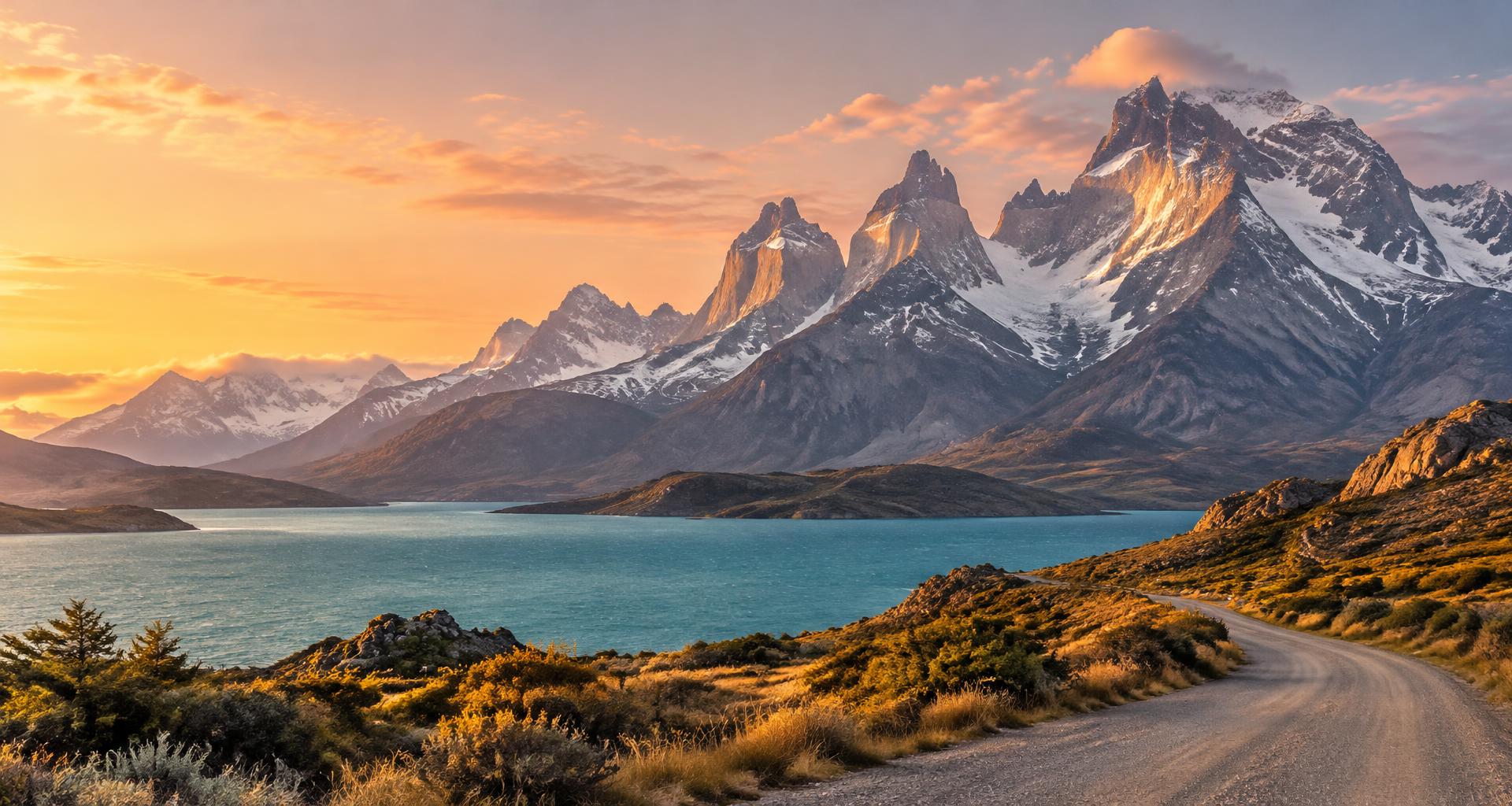 Montanhas da Patagônia, lago e estrada sob a luz quente do entardecer